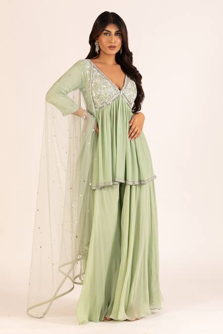Buy Krina Patel Green Net, Crepe, Linen Lily Bloom Embroidered Aliya Cut Kurta Sharara Set Online at Aza Fashions Buy_Krina Patel_Green Net, Crepe, Linen Lily Bloom Embroidered Aliya Cut Kurta Sharara Set_Online_at_Aza_Fashions