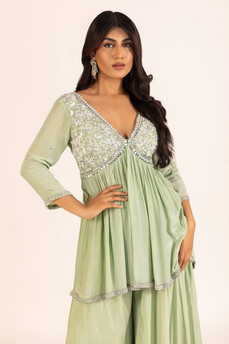 Shop Krina Patel Green Net, Crepe, Linen Lily Bloom Embroidered Aliya Cut Kurta Sharara Set Online at Aza Fashions Shop_Krina Patel_Green Net, Crepe, Linen Lily Bloom Embroidered Aliya Cut Kurta Sharara Set_Online_at_Aza_Fashions