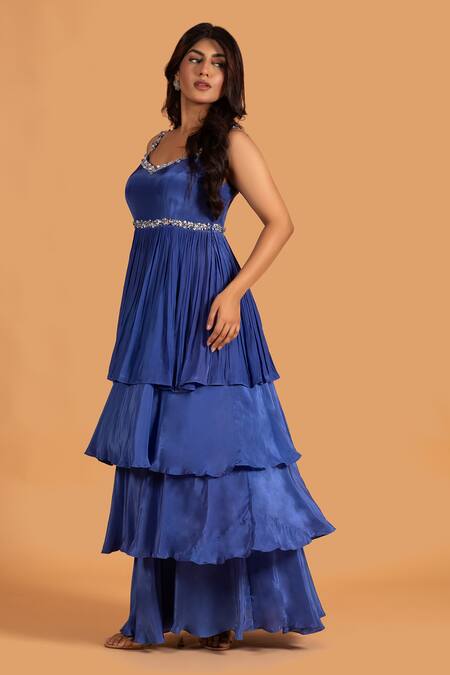 Krina Patel_Blue Net, Crepe, Silk, Satin Layered Embellished Gown With Ombre Dupatta_Online_at_Aza_Fashions