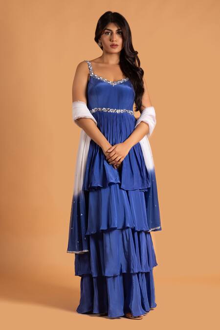 Buy_Krina Patel_Blue Net, Crepe, Silk, Satin Layered Embellished Gown With Ombre Dupatta_Online_at_Aza_Fashions