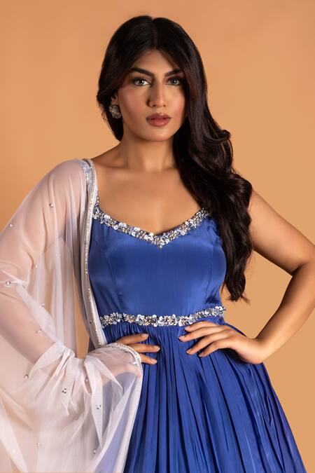 Shop_Krina Patel_Blue Net, Crepe, Silk, Satin Layered Embellished Gown With Ombre Dupatta_Online_at_Aza_Fashions