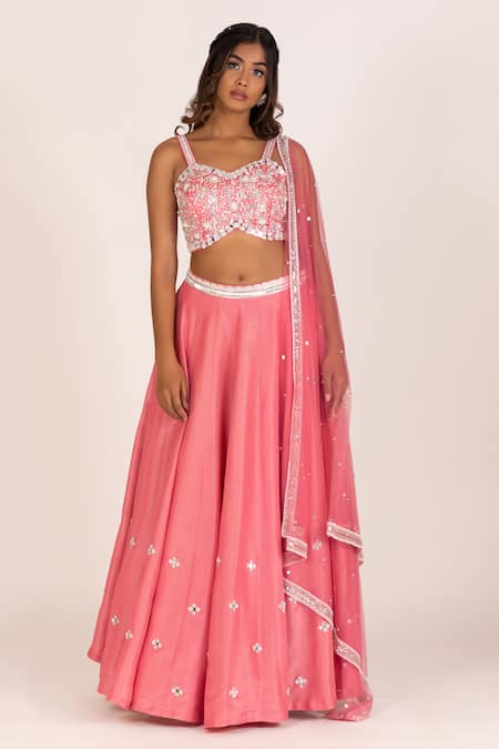 KRINA PATEL Pink Zari Tissue Mirror Embroidery Sweetheart Petunia Bloom Lehenga Blouse Set 