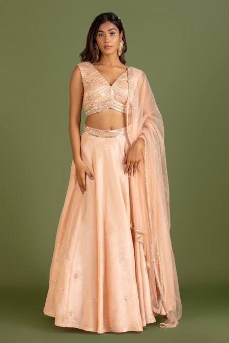 Buy_Krina Patel_Peach Net, Linen, Satin, Tissue Matrix Pattern Embellished Blouse Lehenga Set_Online_at_Aza_Fashions
