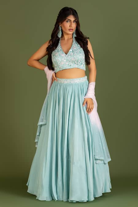 KRINA PATEL Blue Linen Satin Cut Dana Embroidery Halter Dianthus Bloom Blouse Lehenga Set 