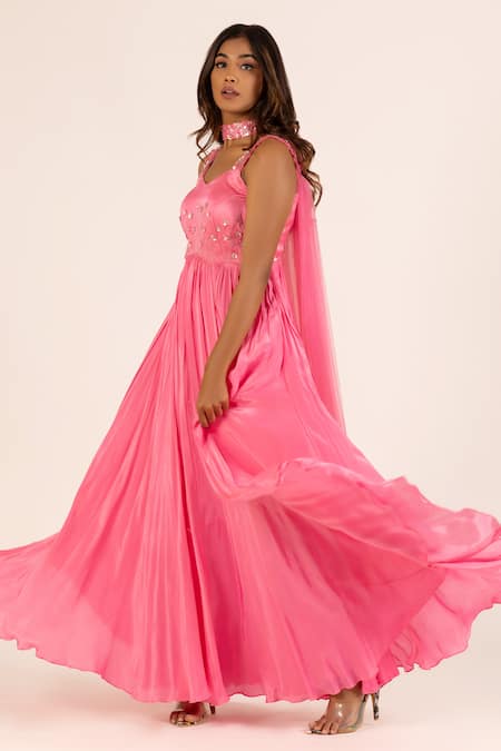 Krina Patel_Pink Organza, Net, Crepe, Gardenia Embroidered Gown With Choker Style Dupatta_Online_at_Aza_Fashions