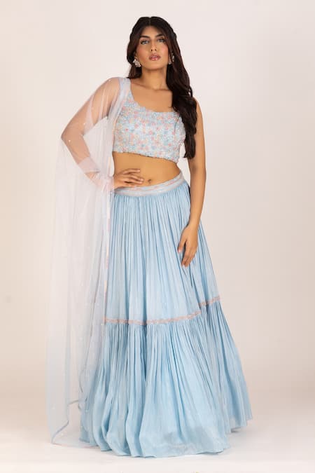 KRINA PATEL Blue Zari Tissue Cut Dana Embroidery Round Neck Bloom Jaal Blouse Lehenga Set 