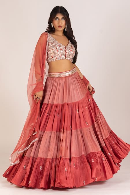 KRINA PATEL Mandala Art Embroidered Blouse Tiered Lehenga Set 