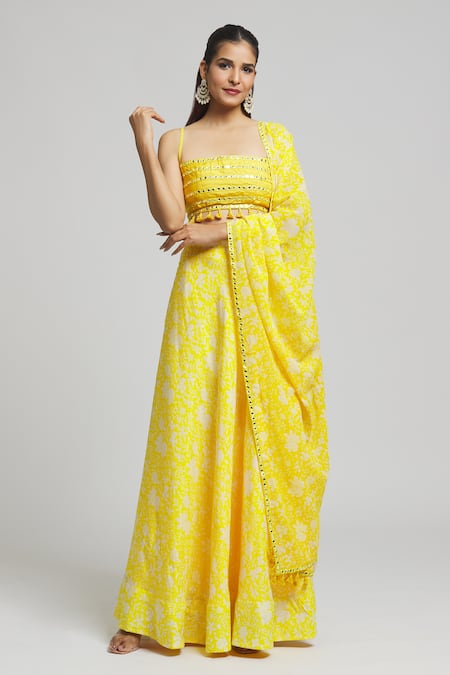 Kalakaari By Sagarika_Yellow Georgette, Cotton, Silk Tassels Daffodil Bloom Print Lehenga Blouse Set _at_Aza_Fashions