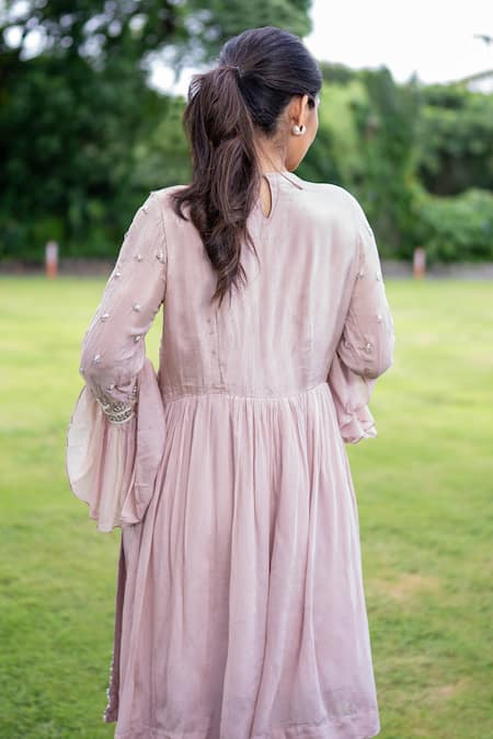 Shop Label Lila Pink Chiffon Pearls, Beads, Begonia Garden Embroidered Kurta With Sharara at Aza Fashions Shop_Label Lila_Pink Chiffon Pearls, Beads, Begonia Garden Embroidered Kurta With Sharara _at_Aza_Fashions