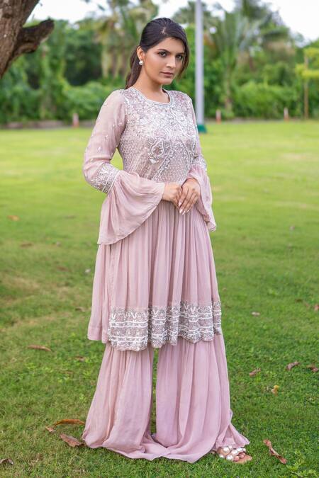 Label Lila Pink Chiffon Pearls, Beads, Begonia Garden Embroidered Kurta With Sharara Online at Aza Fashions Label Lila_Pink Chiffon Pearls, Beads, Begonia Garden Embroidered Kurta With Sharara _Online_at_Aza_Fashions
