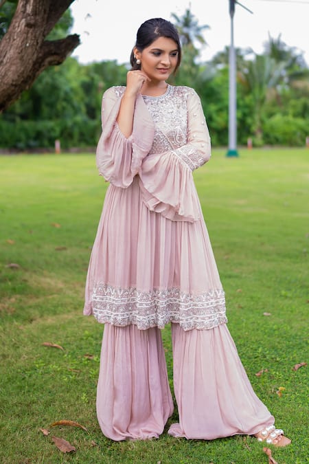 Buy Label Lila Pink Chiffon Pearls, Beads, Begonia Garden Embroidered Kurta With Sharara Online at Aza Fashions Buy_Label Lila_Pink Chiffon Pearls, Beads, Begonia Garden Embroidered Kurta With Sharara _Online_at_Aza_Fashions