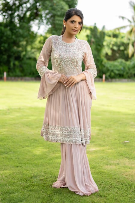 Shop Label Lila Pink Chiffon Pearls, Beads, Begonia Garden Embroidered Kurta With Sharara Online at Aza Fashions Shop_Label Lila_Pink Chiffon Pearls, Beads, Begonia Garden Embroidered Kurta With Sharara _Online_at_Aza_Fashions