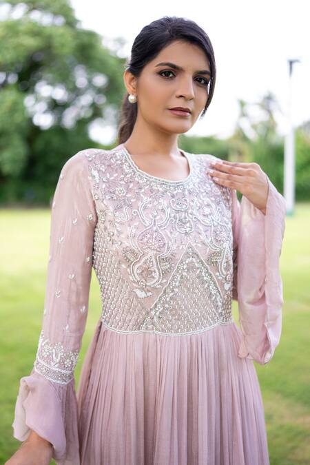 Label Lila Pink Chiffon Pearls, Beads, Begonia Garden Embroidered Kurta With Sharara at Aza Fashions Label Lila_Pink Chiffon Pearls, Beads, Begonia Garden Embroidered Kurta With Sharara _at_Aza_Fashions