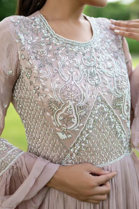 Buy Label Lila Pink Chiffon Pearls, Beads, Begonia Garden Embroidered Kurta With Sharara Buy_Label Lila_Pink Chiffon Pearls, Beads, Begonia Garden Embroidered Kurta With Sharara