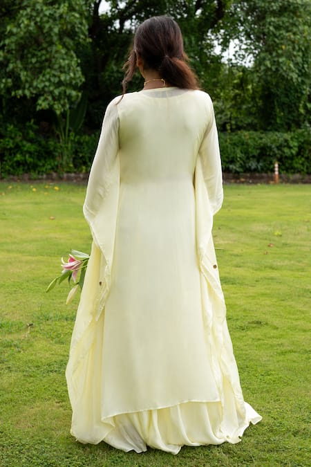 Shop_Label Lila_Yellow Crepe Beads, Sequins, Zinnia Maze Embellished Kaftan Flared Pant Set _at_Aza_Fashions