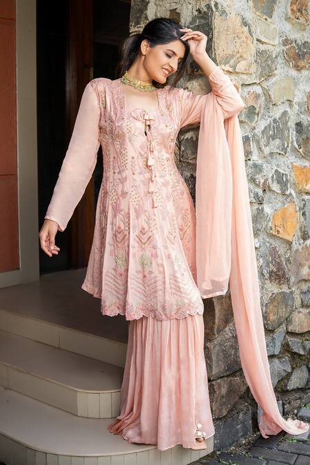 Label Lila Pink Georgette Beads, Embroidery Scoop Neck Larkspur Bloom Kurta Sharara Set Online at Aza Fashions Label Lila_Pink Georgette Beads, Embroidery Scoop Neck Larkspur Bloom Kurta Sharara Set _Online_at_Aza_Fashions