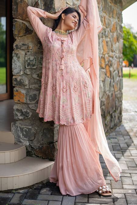 Shop Label Lila Pink Georgette Beads, Embroidery Scoop Neck Larkspur Bloom Kurta Sharara Set Online at Aza Fashions Shop_Label Lila_Pink Georgette Beads, Embroidery Scoop Neck Larkspur Bloom Kurta Sharara Set _Online_at_Aza_Fashions