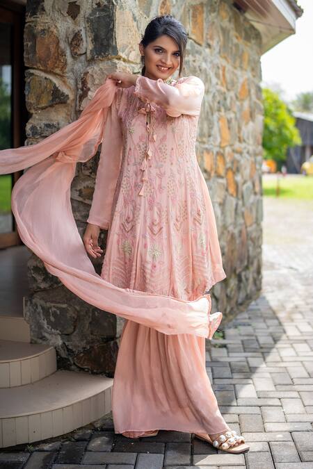 Label Lila Pink Georgette Beads, Embroidery Scoop Neck Larkspur Bloom Kurta Sharara Set at Aza Fashions Label Lila_Pink Georgette Beads, Embroidery Scoop Neck Larkspur Bloom Kurta Sharara Set _at_Aza_Fashions