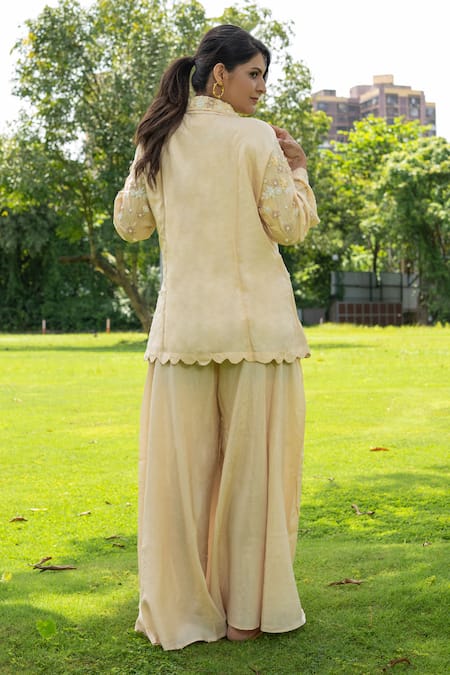 Shop Label Lila Yellow Chiffon Beads, Pearls Buttercup Bloom Embellished Kurta With Pant at Aza Fashions Shop_Label Lila_Yellow Chiffon Beads, Pearls Buttercup Bloom Embellished Kurta With Pant _at_Aza_Fashions