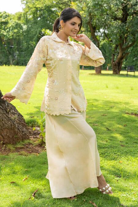 Label Lila Yellow Chiffon Beads, Pearls Buttercup Bloom Embellished Kurta With Pant Online at Aza Fashions Label Lila_Yellow Chiffon Beads, Pearls Buttercup Bloom Embellished Kurta With Pant _Online_at_Aza_Fashions