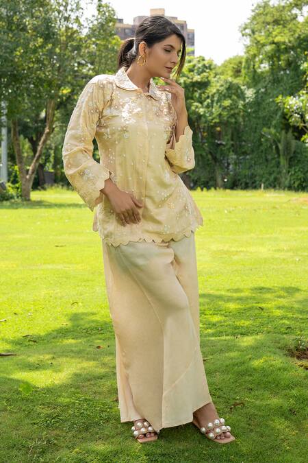 Buy Label Lila Yellow Chiffon Beads, Pearls Buttercup Bloom Embellished Kurta With Pant Online at Aza Fashions Buy_Label Lila_Yellow Chiffon Beads, Pearls Buttercup Bloom Embellished Kurta With Pant _Online_at_Aza_Fashions