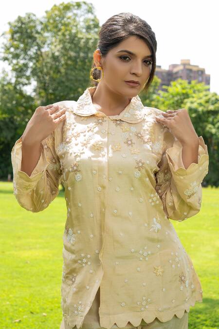 Shop Label Lila Yellow Chiffon Beads, Pearls Buttercup Bloom Embellished Kurta With Pant Online at Aza Fashions Shop_Label Lila_Yellow Chiffon Beads, Pearls Buttercup Bloom Embellished Kurta With Pant _Online_at_Aza_Fashions