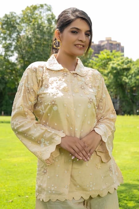 Label Lila Yellow Chiffon Beads, Pearls Buttercup Bloom Embellished Kurta With Pant at Aza Fashions Label Lila_Yellow Chiffon Beads, Pearls Buttercup Bloom Embellished Kurta With Pant _at_Aza_Fashions