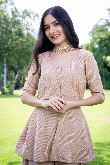 Buy Label Lila Pink Crepe Embroidery, Sequins V-neck Chevron Flame Peplum Kurta With Gharara Online at Aza Fashions Buy_Label Lila_Pink Crepe Embroidery, Sequins V-neck Chevron Flame Peplum Kurta With Gharara _Online_at_Aza_Fashions