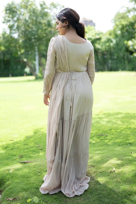 Shop Label Lila Grey Georgette Pearls, Aster Embellished Anarkali With Attached Pleated Drape at Aza Fashions Shop_Label Lila_Grey Georgette Pearls, Aster Embellished Anarkali With Attached Pleated Drape _at_Aza_Fashions