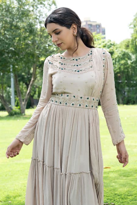 Label Lila Grey Georgette Pearls, Aster Embellished Anarkali With Attached Pleated Drape Online at Aza Fashions Label Lila_Grey Georgette Pearls, Aster Embellished Anarkali With Attached Pleated Drape _Online_at_Aza_Fashions