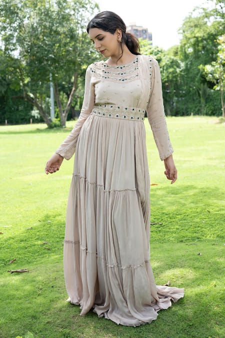 Buy Label Lila Grey Georgette Pearls, Aster Embellished Anarkali With Attached Pleated Drape Online at Aza Fashions Buy_Label Lila_Grey Georgette Pearls, Aster Embellished Anarkali With Attached Pleated Drape _Online_at_Aza_Fashions