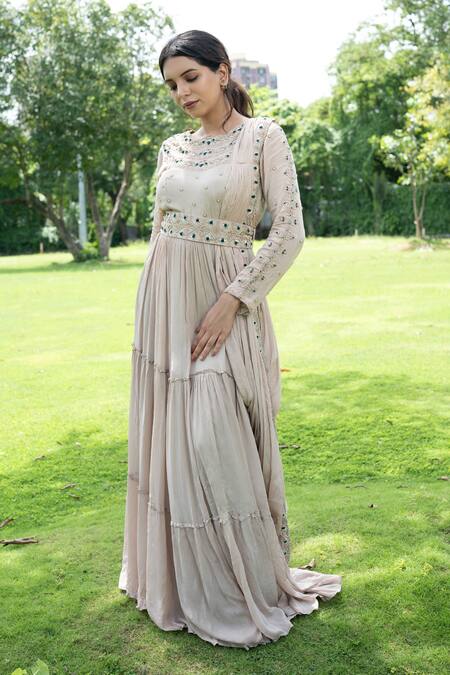 Shop Label Lila Grey Georgette Pearls, Aster Embellished Anarkali With Attached Pleated Drape Online at Aza Fashions Shop_Label Lila_Grey Georgette Pearls, Aster Embellished Anarkali With Attached Pleated Drape _Online_at_Aza_Fashions