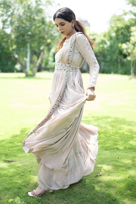 Label Lila Grey Georgette Pearls, Aster Embellished Anarkali With Attached Pleated Drape at Aza Fashions Label Lila_Grey Georgette Pearls, Aster Embellished Anarkali With Attached Pleated Drape _at_Aza_Fashions