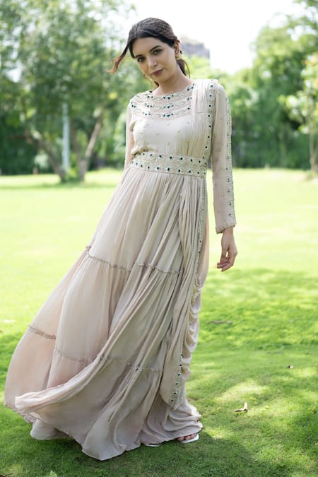 Buy Label Lila Grey Georgette Pearls, Aster Embellished Anarkali With Attached Pleated Drape Buy_Label Lila_Grey Georgette Pearls, Aster Embellished Anarkali With Attached Pleated Drape