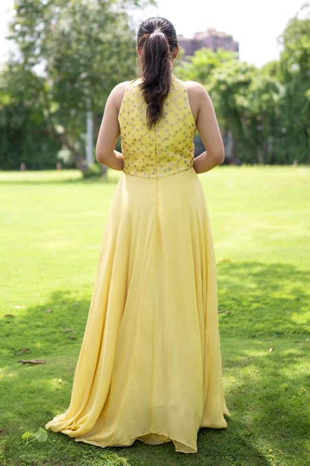 Label Lila Sequin Marigold Embellished Long Top With Lehenga 