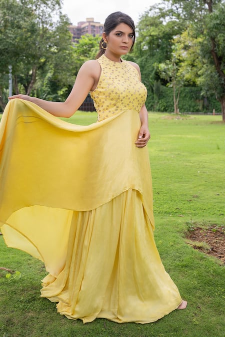 Buy_Label Lila_Yellow Georgette Sequins, Embroidery Marigold Embellished Long Top With Lehenga _Online_at_Aza_Fashions