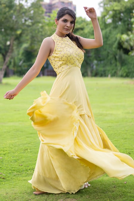 Label Lila_Yellow Georgette Sequins, Embroidery Marigold Embellished Long Top With Lehenga _at_Aza_Fashions
