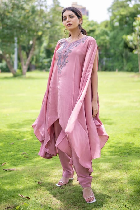 Label Lila_Pink Chiffon Embroidery, Sequins V-neck Periwinkle Yoke Kaftan With Pant _Online_at_Aza_Fashions