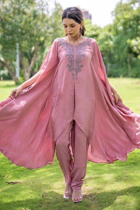 Buy_Label Lila_Pink Chiffon Embroidery, Sequins V-neck Periwinkle Yoke Kaftan With Pant _Online_at_Aza_Fashions