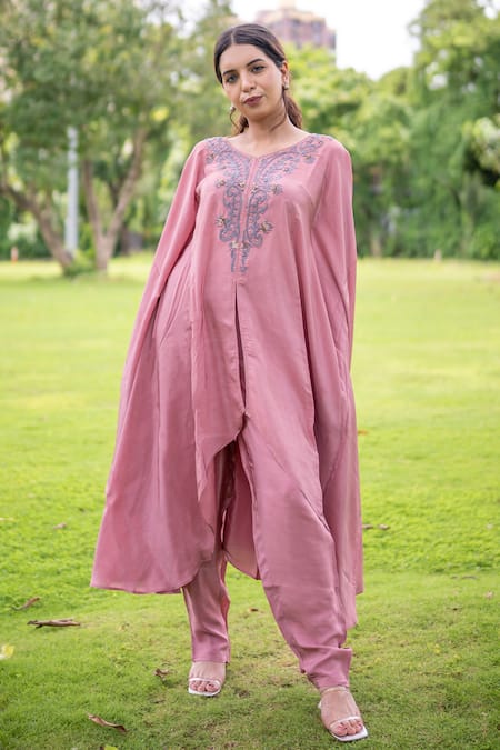 Shop_Label Lila_Pink Chiffon Embroidery, Sequins V-neck Periwinkle Yoke Kaftan With Pant _Online_at_Aza_Fashions