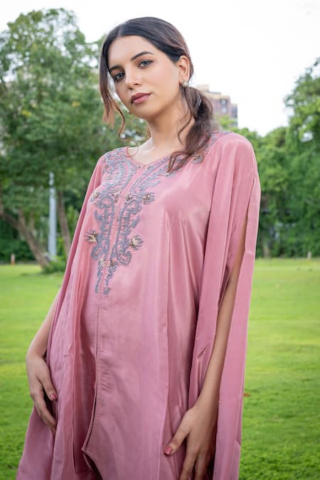Label Lila_Pink Chiffon Embroidery, Sequins V-neck Periwinkle Yoke Kaftan With Pant _at_Aza_Fashions