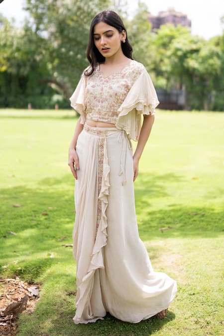 Buy_Label Lila_Beige Georgette Embroidery V-neck Wildflora Crop Top Draped Skirt Set _Online_at_Aza_Fashions