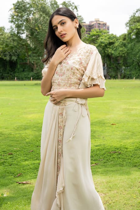Shop_Label Lila_Beige Georgette Embroidery V-neck Wildflora Crop Top Draped Skirt Set _Online_at_Aza_Fashions