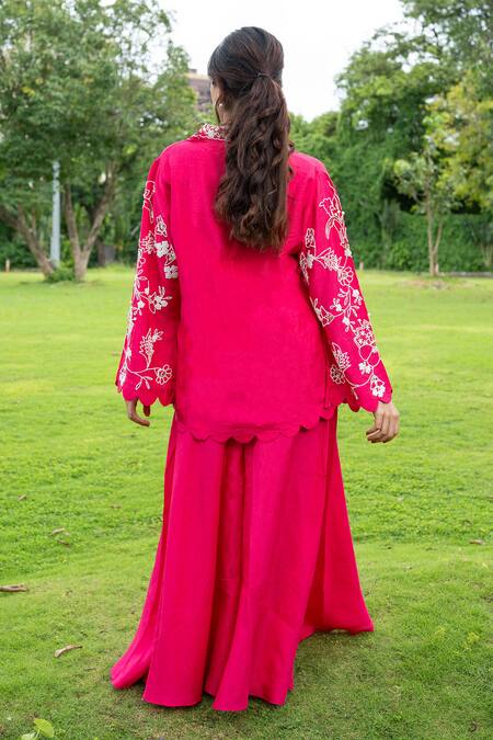 Shop_Label Lila_Pink Chiffon Pearls Collared Rafflesia Moti Embellished Kurta With Pant _at_Aza_Fashions