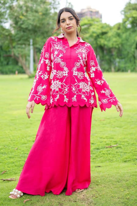 Label Lila_Pink Chiffon Pearls Collared Rafflesia Moti Embellished Kurta With Pant _Online_at_Aza_Fashions
