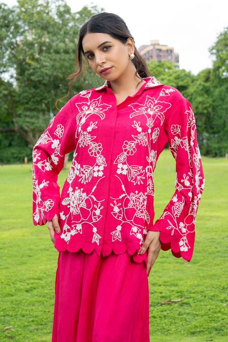 Shop_Label Lila_Pink Chiffon Pearls Collared Rafflesia Moti Embellished Kurta With Pant _Online_at_Aza_Fashions