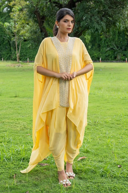 Label Lila Yellow Chinon Pearls Embroidery Semi Square Greek Moti Kaftan With Dhoti Pant 