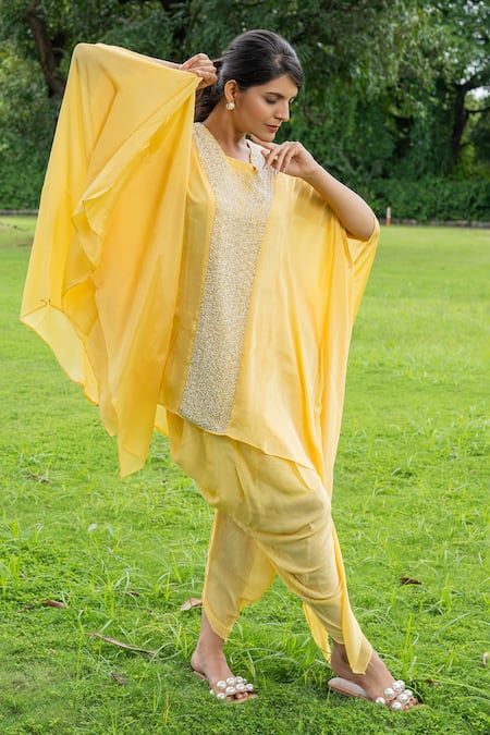 Label Lila_Yellow Chiffon Sequins Square Neck Greek Moti Embroidered Kaftan With Dhoti Pant _Online_at_Aza_Fashions