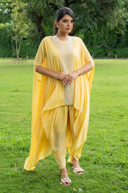 Buy_Label Lila_Yellow Chiffon Sequins Square Neck Greek Moti Embroidered Kaftan With Dhoti Pant _Online_at_Aza_Fashions