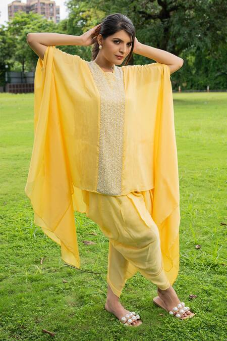 Shop_Label Lila_Yellow Chiffon Sequins Square Neck Greek Moti Embroidered Kaftan With Dhoti Pant _Online_at_Aza_Fashions